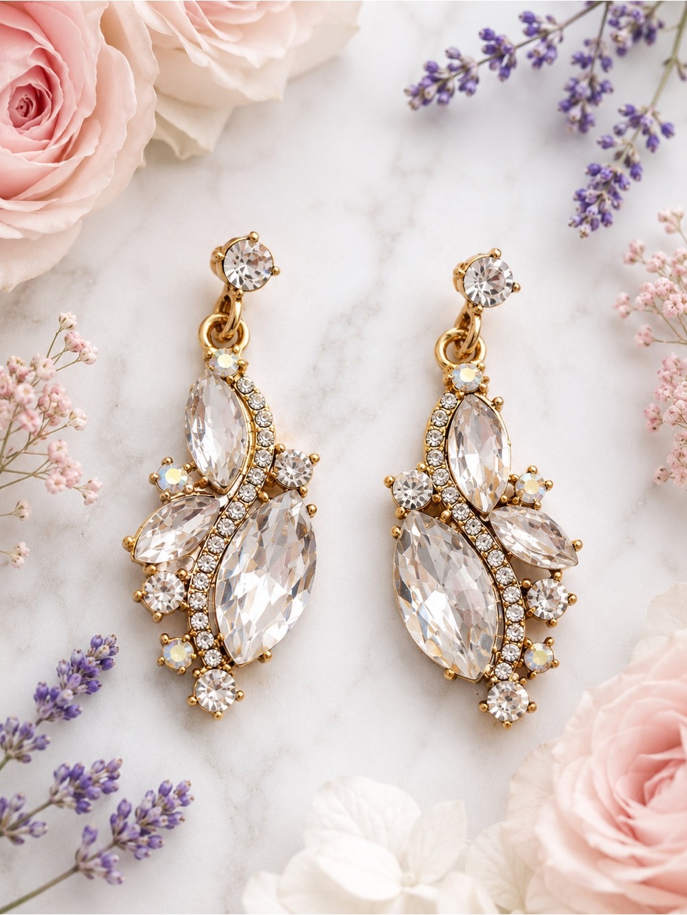 Gold Tone Crystal Marquise Drop Earrings Bridal Wedding Prom Glam